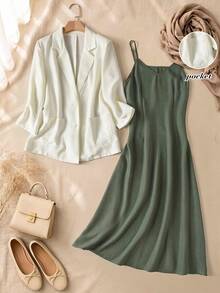 Rusticease Women's Plus Size Casual Minimalist Solid Color Camisole Dress And Blazer 2 Pieces Set - Multicolor - View 7