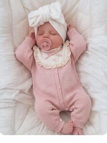 Newborn Bow Ribbon Decor Colorblock Patchwork 3D Ruffle Trim Loose Thick Elastic Knit Romper, Suitable For Winter - Pink - View 1