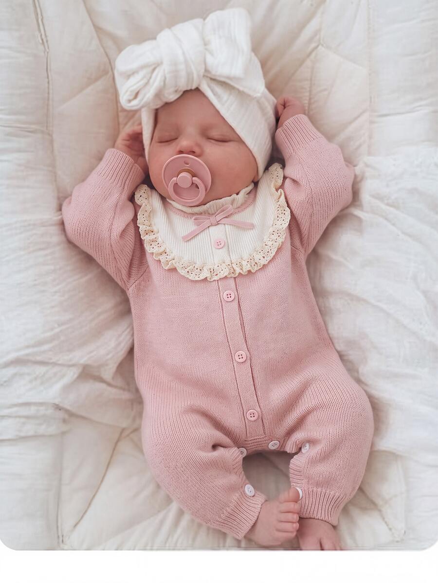 Newborn Bow Ribbon Decor Colorblock Patchwork 3D Ruffle Trim Loose Thick Elastic Knit Romper, Suitable For Winter - Pink - View 1