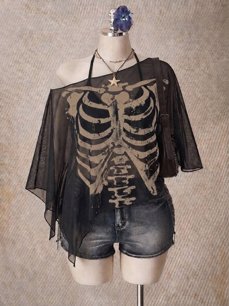 SHEIN ICON 大尺碼女款不對稱領口短袖蝙蝠袖網紗印花上衣 - 彩色 - 查看 1