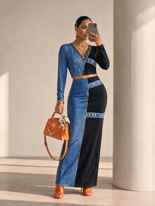 Structelle 女款時尚V領長袖牛仔拼接印花T恤與修身牛仔拼接印花裙套裝 - 黑色 - 查看 4