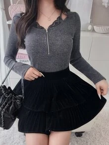 FRIFUL Women's Autumn Colorblock Contrast Lace Trim Hooded Metal Zipper Sweatshirt - Grey - View 5
