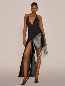 MUSERA Deep V Plunge Strappy Asymmetric Draped Side Velvet Mini Dress Sexy Evening Night Going Out Fall Winter Autumn Solitude - Black - View 4