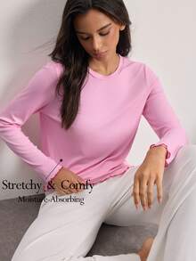 Ocili Comfortable Ribbed Rayon Contrast Color Scalloped Hem Women's Loungewear Top - Pink - View 1