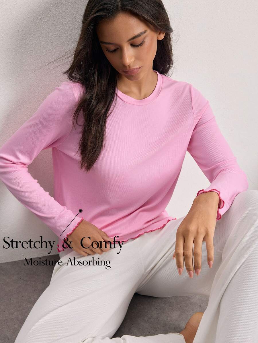 Ocili Comfortable Ribbed Rayon Contrast Color Scalloped Hem Women's Loungewear Top - Pink - View 1