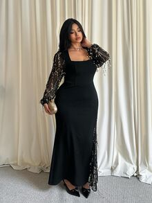 GalTyme Plus Size Women's Fashion Square Neck Mesh Patchwork Long Sleeve Sequin Tassel Design Dress - Black - View 7