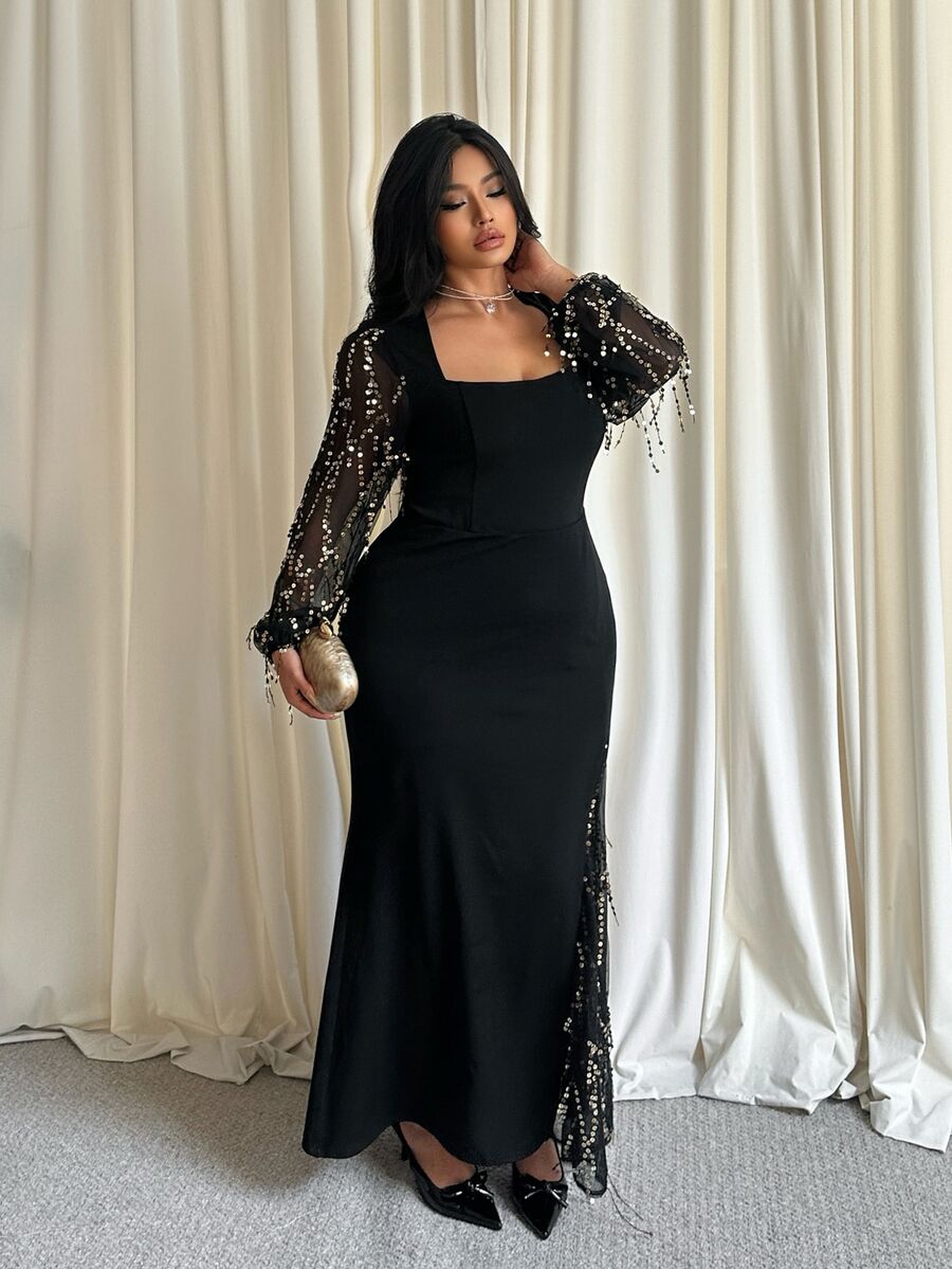 GalTyme Plus Size Women's Fashion Square Neck Mesh Patchwork Long Sleeve Sequin Tassel Design Dress New Year Fall Party Night Black Sexy Elegant - Black - View 1