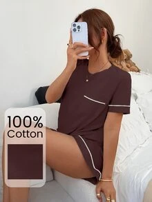 Napfluff 女款針織圓領短袖滾邊短褲睡衣套裝 - 鏽棕色 - 查看 3