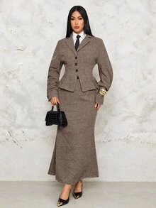 SOLERSUN Women's Elegant Turndown Collar Long Sleeve Button Waisted Retro Plaid Blazer,Back To School Old Money Style,Modest 90s In Fall/Winter,Commuter Jacket - Brown - View 4