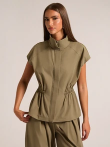 SHEIN BAE Jaket Trench Coat Wanita Warna Polos Serbaguna Kasual dengan Resleting Depan Terbuka dan Pinggang Elastis Tanpa Lengan - Hijau Tentara - View 6