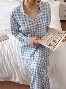SHEIN Women's Spring/Autumn Loose Sweet Pink & Blue Colorblock Plaid Bow Element Long Sleeve Pajama Set Loungewear - Blue - View 1