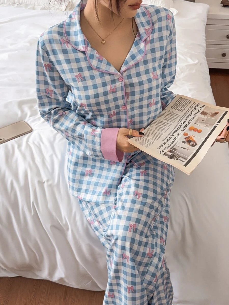 SHEIN Women's Spring/Autumn Loose Sweet Pink & Blue Colorblock Plaid Bow Element Long Sleeve Pajama Set Loungewear - Blue - View 1