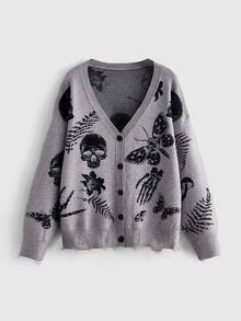 ROMWE Dark Gothic Skull Moth Plant Jacquard Loose Knit Cardigan - Dark Grey - View 1