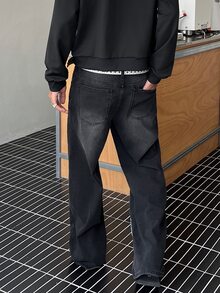 STEELVANCE 男士美式街頭風 Frank 肖像印花黑色水洗牛仔直筒寬腿長褲 - 深灰色 - 查看 5
