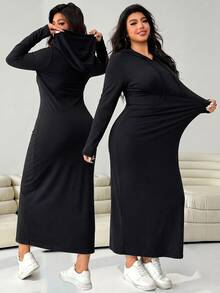 Solflare Plus Size Women's Casual Loose Long Sleeve Hooded Dress - Black - View 1