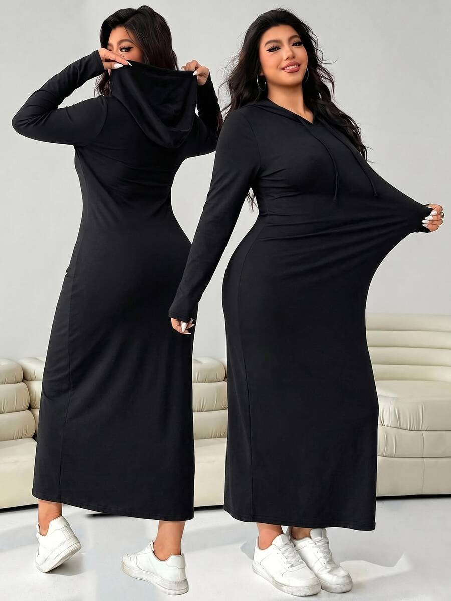 Solflare Plus Size Women's Casual Loose Long Sleeve Hooded Dress - Black - View 1