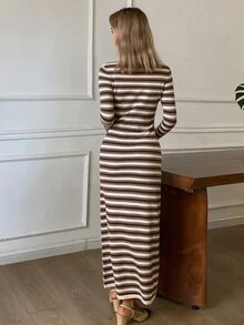 DAZY Women's Button Half-Placket Striped Colorblock Sweater Dress - Brown - View 2