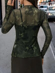 Editum 女款優雅性感豹紋網紗修身上衣 - 軍綠色 - 查看 2