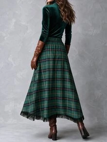 Solivie Women's Autumn Navy Blue Plaid Asymmetrical Hem Skirt - Green - View 2