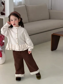 DAZY Infant/Toddler (Girl) Ruffle Trim Casual Korean Style Solid Color Autumn/Winter Long Sleeve Cardigan - Apricot - View 5