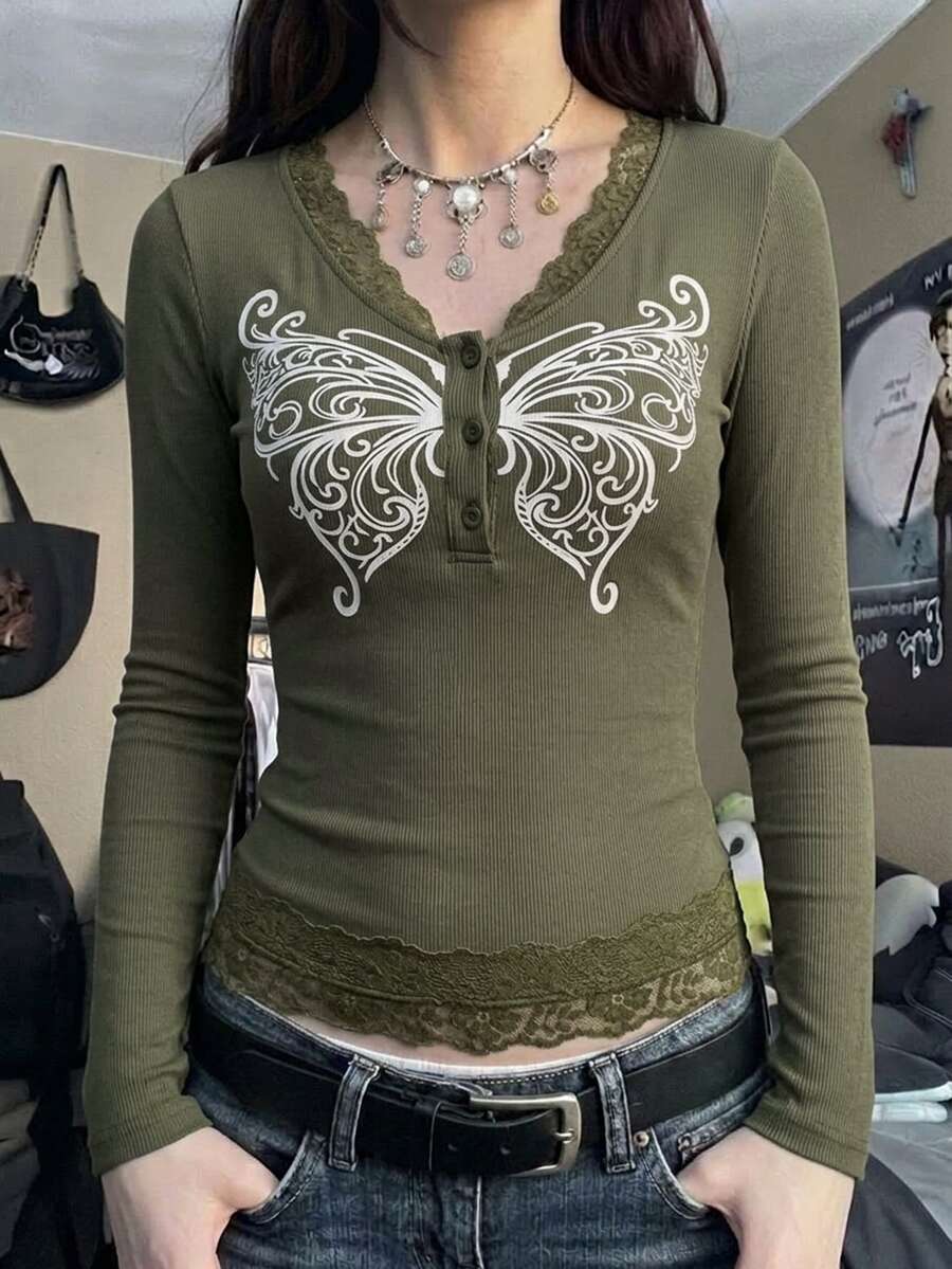 Strévra Women's Butterfly Print Contrast Lace V-Neck Button Placket Long Sleeve T-Shirt Graphic Tees - Green - View 1