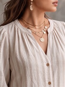 Ceyna Striped Plus Size Women's Notch V-Neck Long Sleeve Single-Breasted Casual Dress - Beige - View 4
