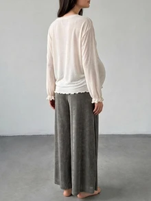 Dazy Maternity Solid Color Loose Long Sleeve Lace Trim T-Shirt & Wide Leg Pants Casual Vacation Daily Home Wear Spring Autumn Maternity 2 Pieces Set - Apricot - View 2