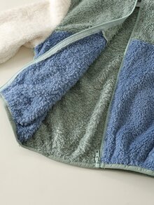 SHEIN 兒童小男孩秋冬款毛絨拼色立領夾克外套，男童夾克大衣，毛絨夾克，綠色夾克，秋冬夾克 - 彩色 - 查看 7