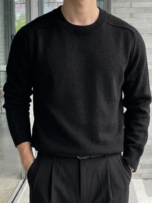 DAZY 男士純黑色長袖圓領通勤毛衣，秋季 - 黑色 - 查看 1