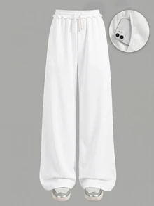 SHEIN Tween Girl Tween Girl Tween Girls Loose Fit Drawstring Pockets Wide Leg Sweatpants, Light Gray Winter - White - View 2