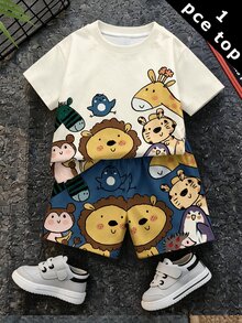 男嬰休閒簡約上衣，適合春夏，經典可愛卡通手繪動物印花 - 彩色 - 查看 2