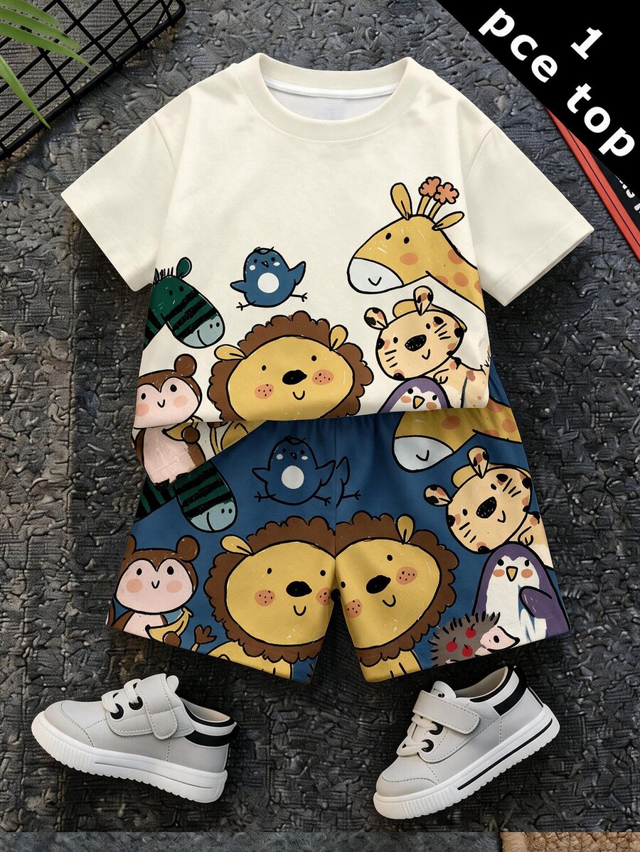 Baby Boy Casual Minimalist Top Suitable For Spring And Summer, Classic Cute Cartoon Hand-Drawn Animal Print - Multicolor - View 1