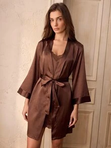 Charlaine 2pcs/Set Brown Lace Faux Silk Women's Pajama Set - Brown - View 6