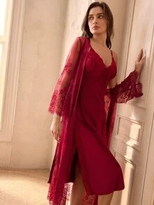 Charlaine Women's Lace Patchwork Floral Decor Split Strap Dress And Hollow Out Sheer Cover-Up Sleepwear Set - Burgundy - View 3