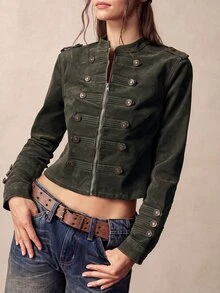 Bohemela 休閒純色梭織修身女款夾克 - 軍綠色 - 查看 2