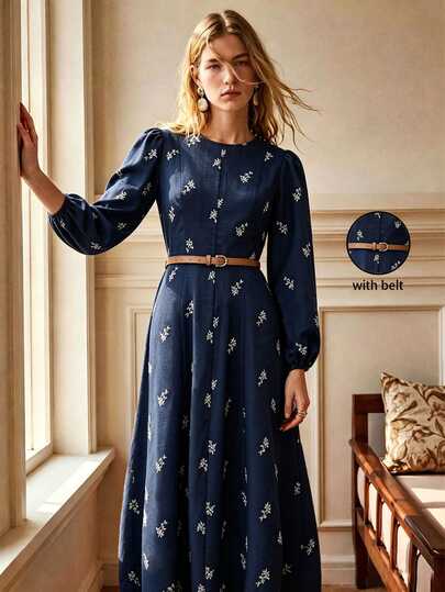 SHEIN Vestido elegante de otoño/invierno para ir al trabajo con estampado de bordado falso y cinturón, vestido de mujer de corte ajustado, ropa casual para salir, ropa de oficina, vestido elegante de mujer con mangas de farol
