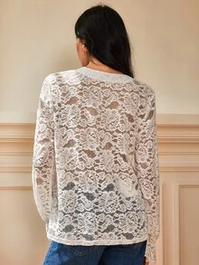 SHEIN Casual Daily Commute V-Neck Hollow Lace Ruffle Bell Sleeve Women's Blouse - Apricot - View 3