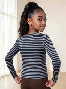 SHEIN Teen Girls Gray & Black Striped Collar Button Decor Lace Trim Design Long Sleeve Casual Versatile T-Shirt, Suitable For Spring & Autumn, Perfect For Daily Wear, Commuting, Travel, And Gatherings - White - View 5