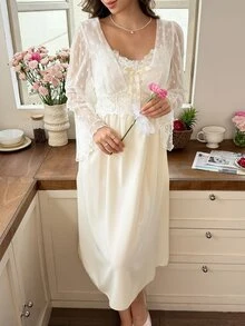 Snug Reverie French Lace Jacquard Long Sleeve Fresh Square Neck Embroidered Lace Trim Bow Mid-Length Women's Nightgown - Apricot - View 3