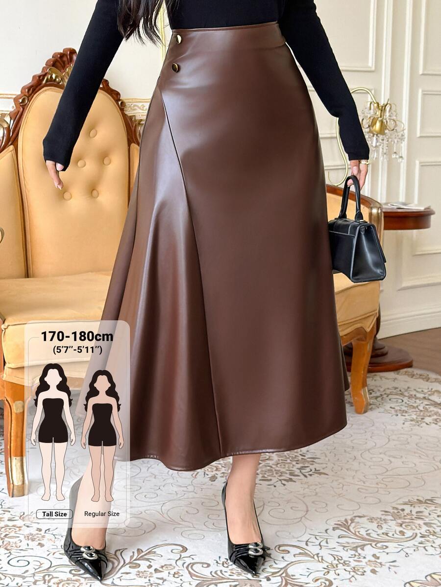 Dazy Tall Women's High Waist Button Decor Solid Color Leather Fabric A-Line Commuter Style Long Skirt - Coffee Brown - View 1