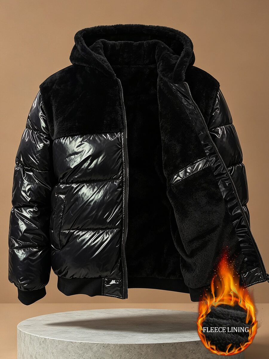 Manfinity Homme Halloween, Christmas, New Year, Gift, Men's Shiny Hooded Winter Jacket - Black - View 1