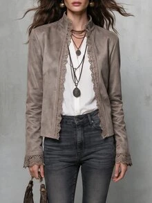 Solivie Women's Solid Color Contrast Lace Open Front Elegant Jacket - Mocha Brown - View 7