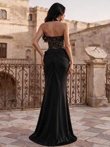 Coutiva Women's Lace Ruched Waist Halter Neck Formal Evening Gown Dress - Black - View 2