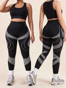 SHEIN Plus Size Women's Colorblock Casual Daily Wear Sports Tight Leggings - Black - View 1