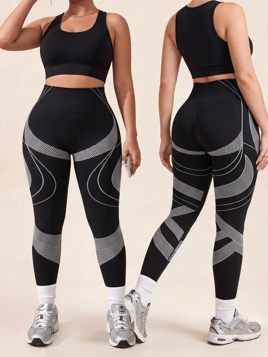 SHEIN Plus Size Women's Colorblock Casual Daily Wear Sports Tight Leggings - Black - View 1