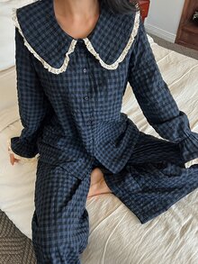 DAZY Women's Plaid Colorblock Long Sleeve Top And Pants Casual Daily Home Sleepwear Set - Navy Blue - View 4