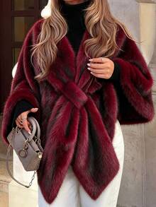 Cravure Standard Size Women's Autumn/Winter Fur Fabric Daily Commute Elegant Cape Coat - Burgundy - View 1