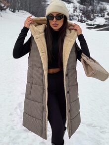 SHEIN Clasi Plaid Print Padded Hooded Vest Jacket, Autumn/Winter Vest Coat - Mocha Brown - View 4