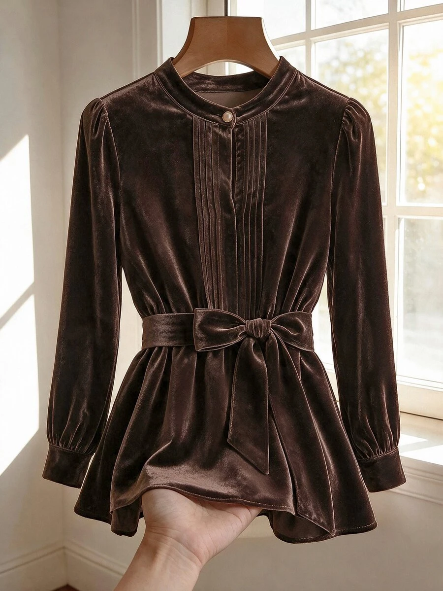 SHEIN Clasi بلوزة نسائية أنيقة عصرية بأزرار وكسرات وأكمام طويلة - بني - مشاهدة 1