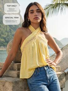 CAJUNI Women's Pleated Casual Versatile Daily Wear Halter Neck Top - Yellow - View 10